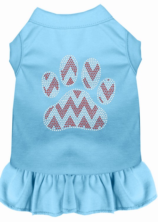 Candy Cane Chevron Paw Rhinestone Dog Dress Baby Blue XXL